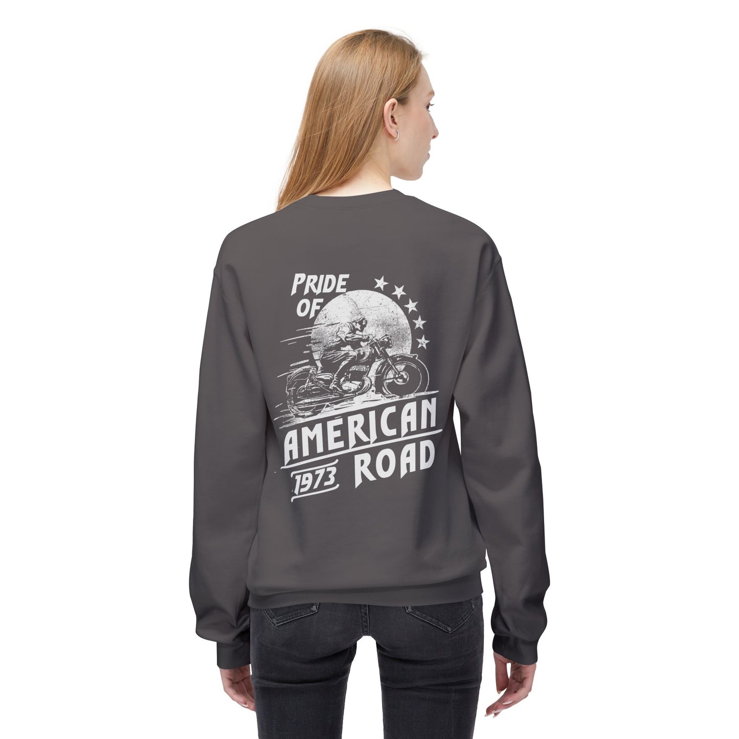 Pride of American Road Crewneck Sweatshirt, Cozy Unisex Fleece Top, Ideal Gift for Bikers, Road Trip Apparel, 1973 Vintage Style