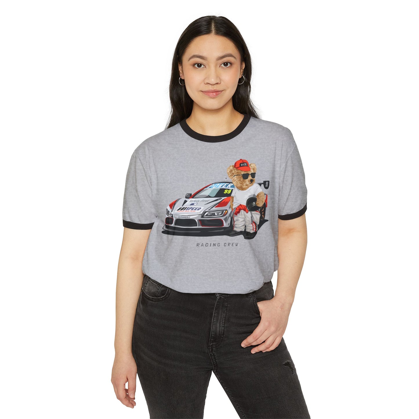Racing Bear Unisex Cotton Ringer T-Shirt - Funny, Casual Wear, Gift for Car Lovers, Birthday Gift, Motorsport Apparel