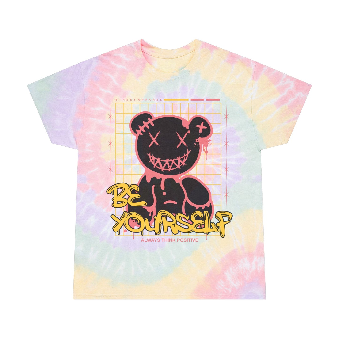 Unisex "Be Yourself" Tie Dye T-Shirt – Streetwear Graphic Tee with Edgy Bear & Positive Message – Soft Cotton Pastel Shirt