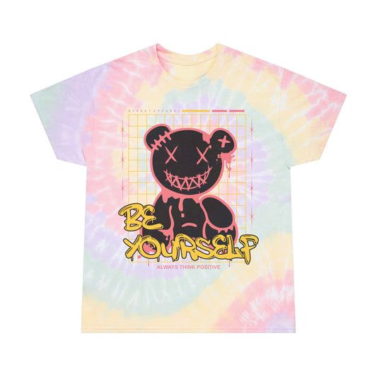Unisex "Be Yourself" Tie Dye T-Shirt – Streetwear Graphic Tee with Edgy Bear & Positive Message – Soft Cotton Pastel Shirt