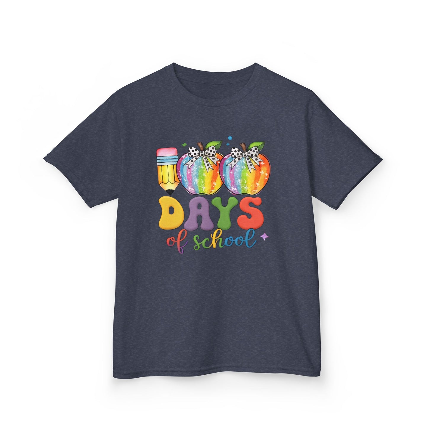 Colorful 100 Days of School Kids Tee, Fun T-Shirt, Back to School, Teacher Gift, Rainbow Design, Kid's Clothing Heather Navy
