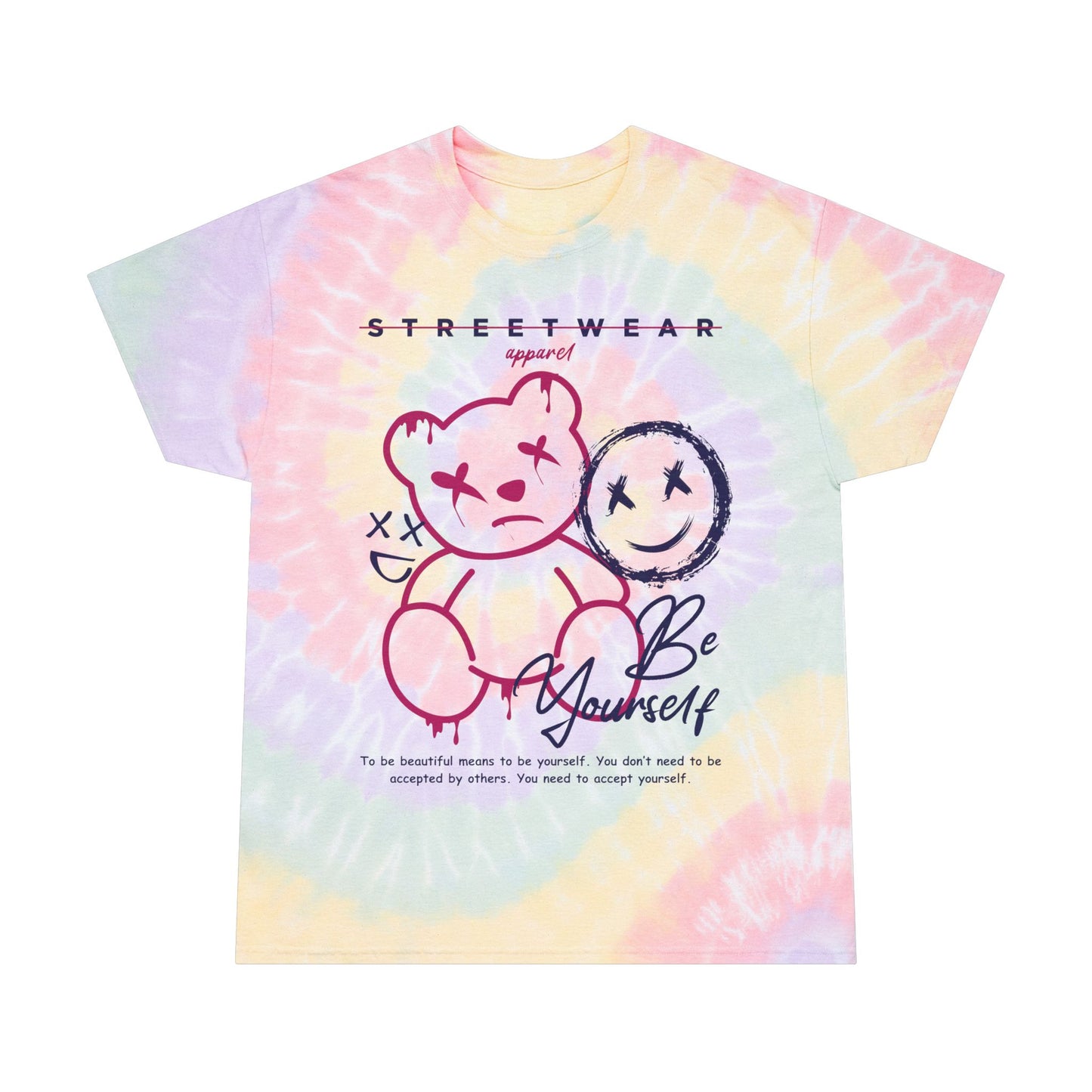 Unisex "Be Yourself" Tie Dye T-Shirt – Artistic Streetwear Graphic Tee with Teddy Bear Mask & Self-Acceptance Quote