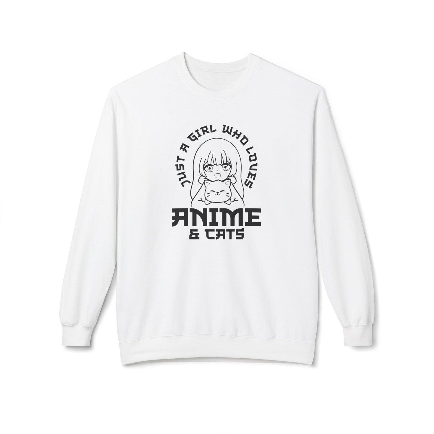 Anime & Cats Crewneck Sweatshirt, Cozy Gift for Anime Lovers, Cat Lover Apparel, Cute Anime Sweatshirt, Perfect for Casual Days White