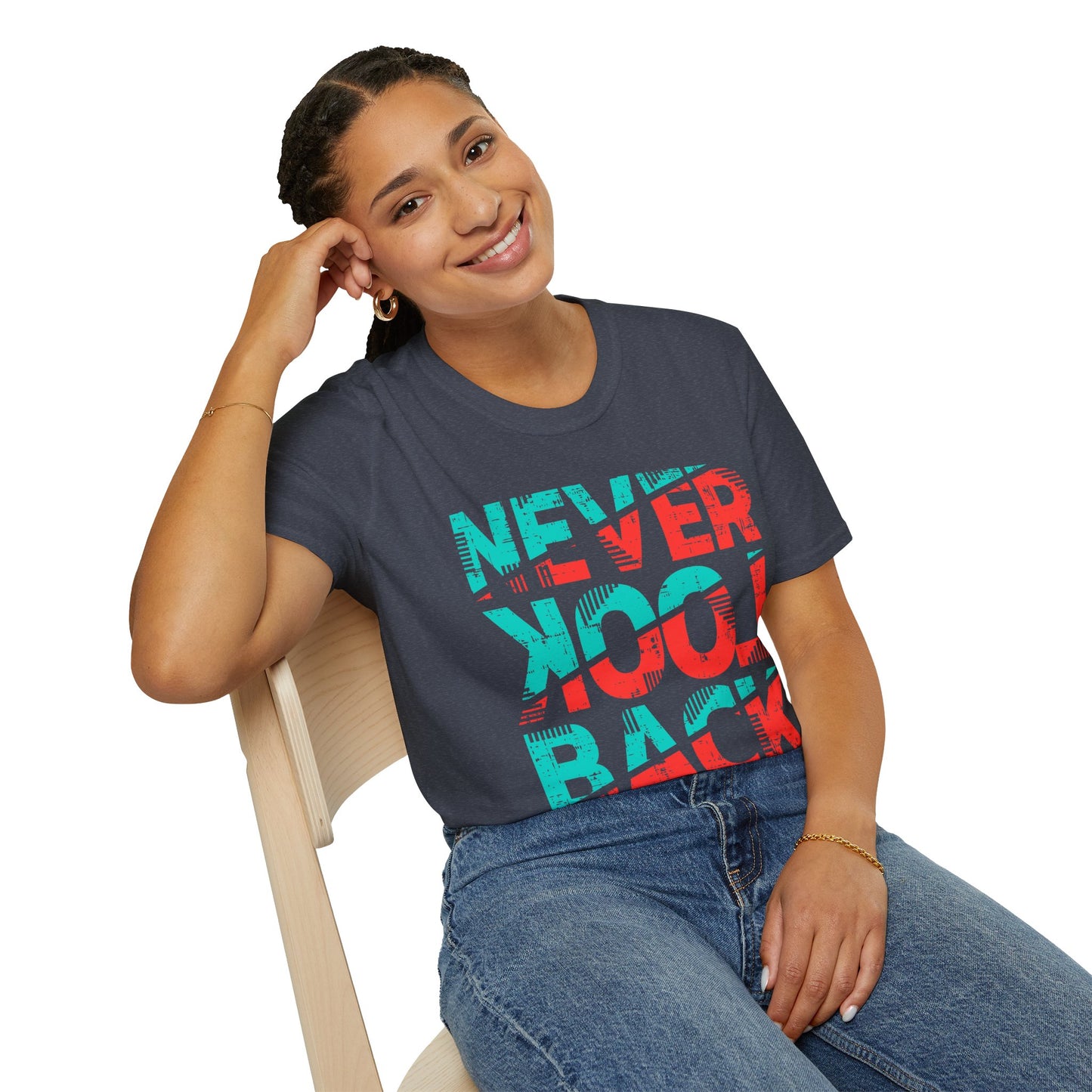 Unisex Softstyle T-Shirt with 'Never Look Back' Design - Motivational Graphic Tee for Daily Wear, Gifts, Casual Outings, Street Style