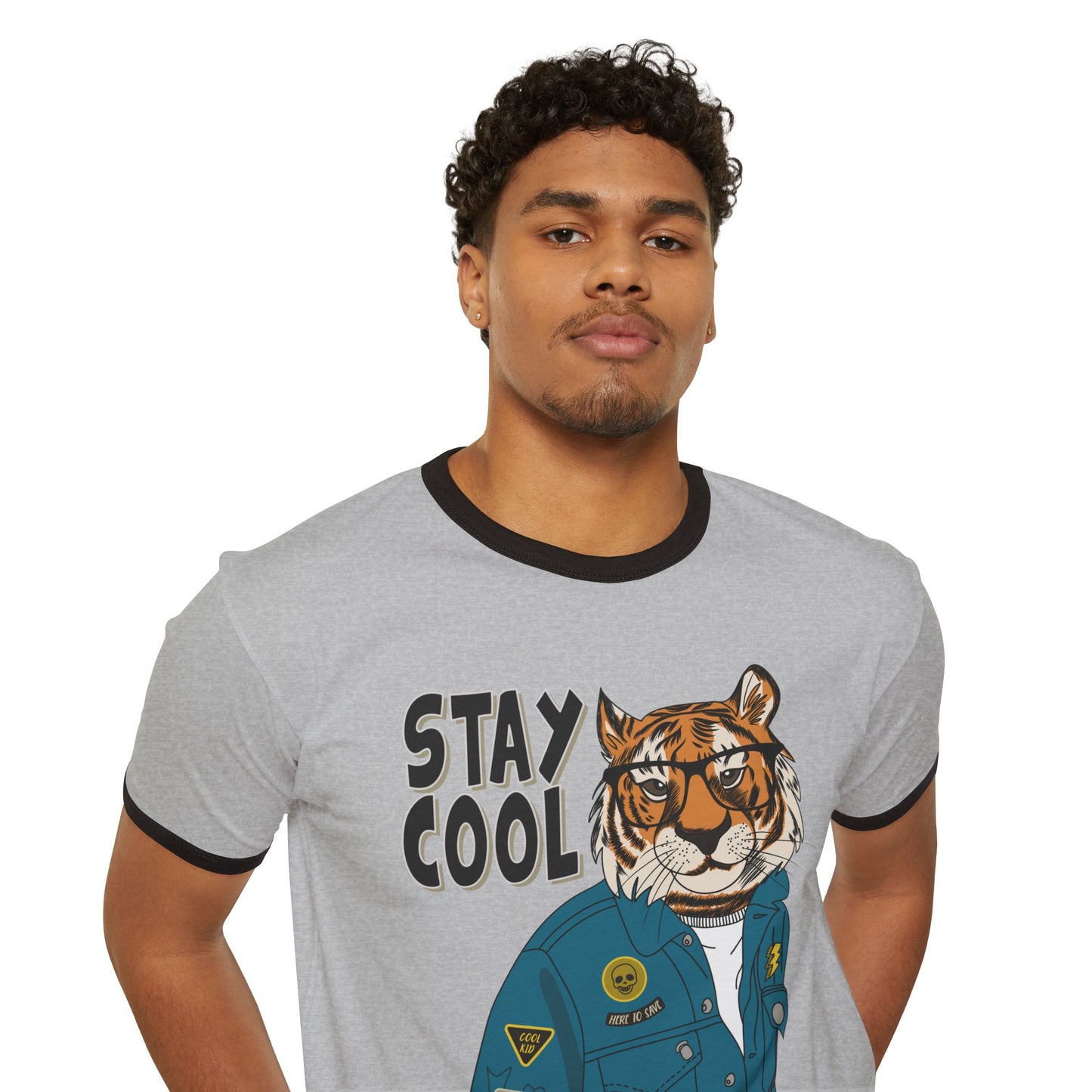 Stay Cool Tiger Ringer T-Shirt, Unisex Vintage Tee, Casual Gift, Animal Lover Apparel, Summer Fashion, Fun Graphic Shirt