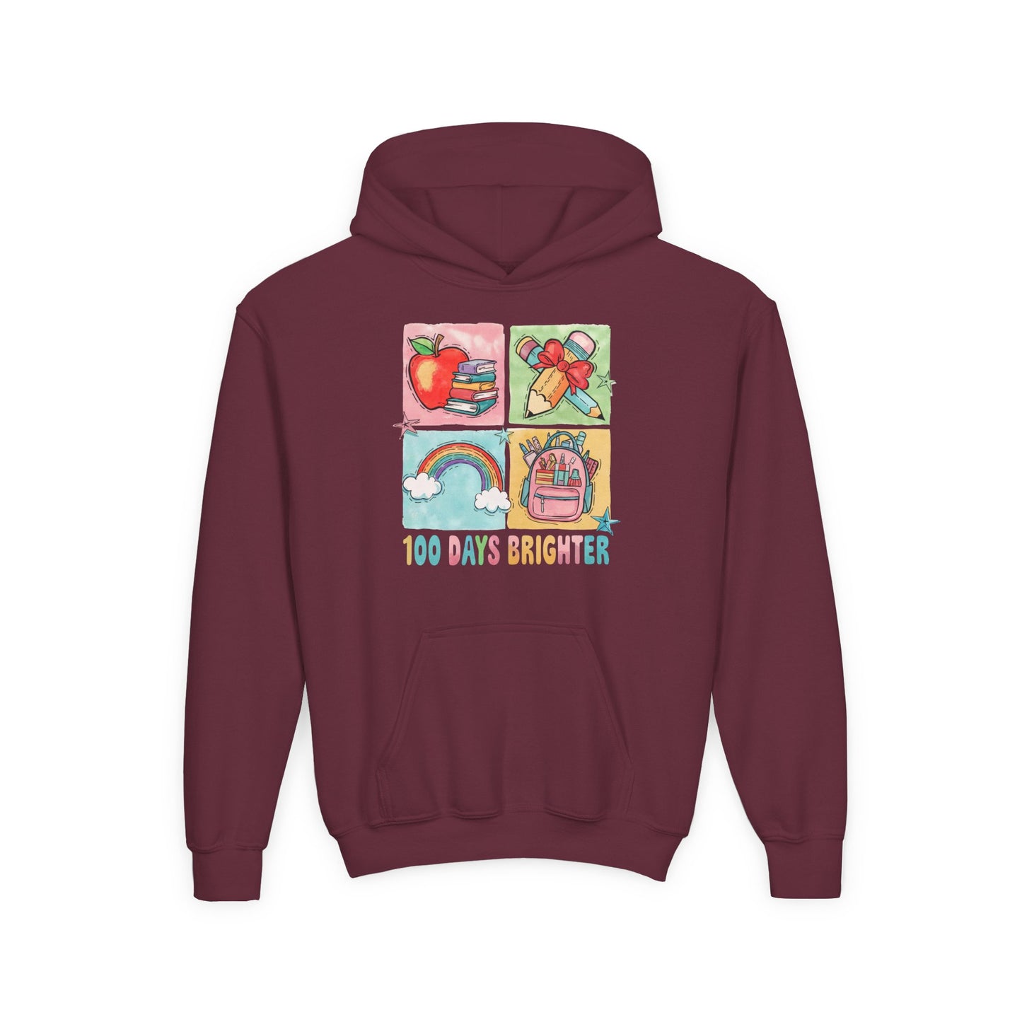 Youth Hoodie with Colorful Design – Perfect for Kids, Back to School, Gifts, Everyday Wear, Fun Celebrations, 100 Days Brighter Maroon