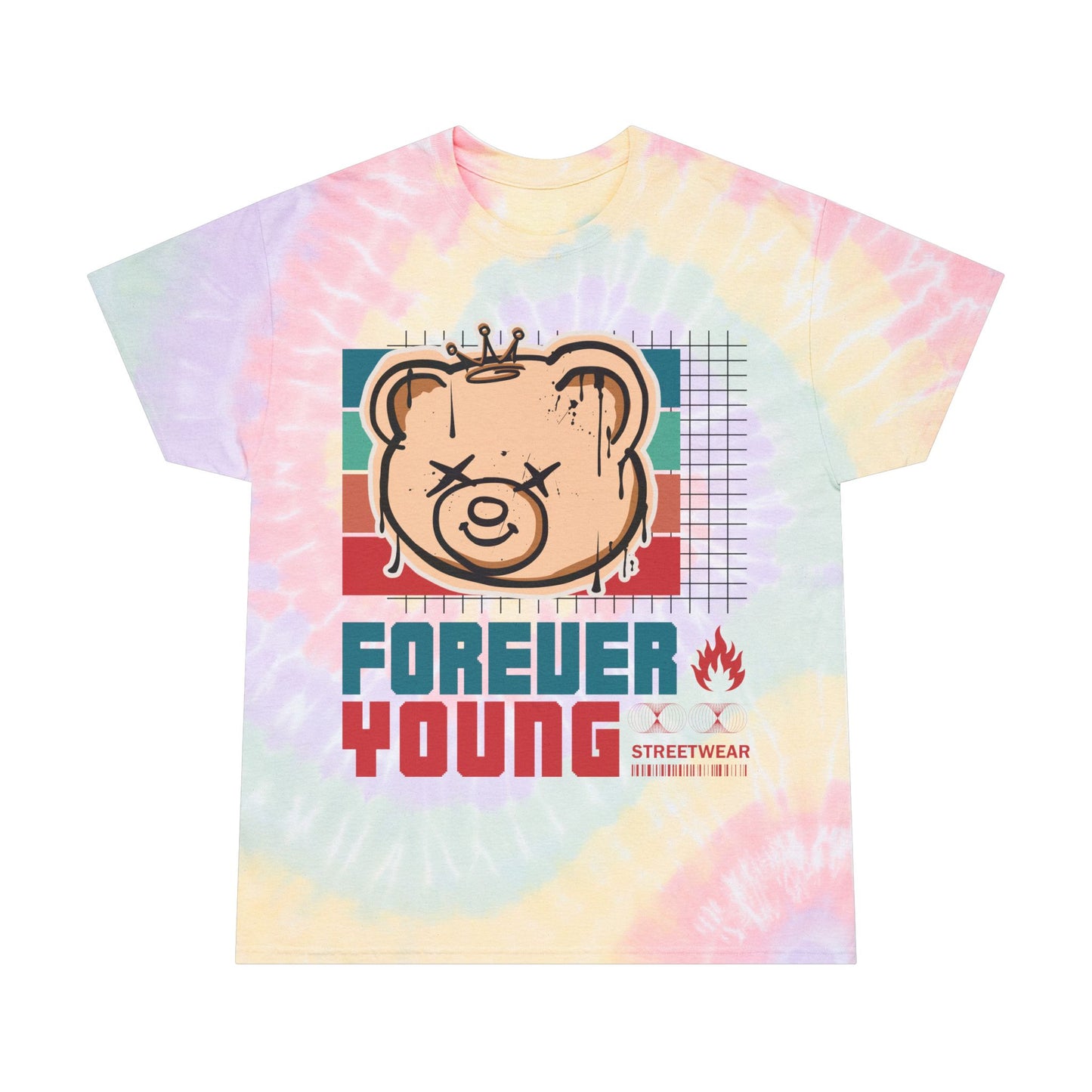 Unisex "Forever Young" Tie Dye T-Shirt – Retro 90s Style Streetwear Graphic Tee with Teddy Bear – Soft Cotton Shirt