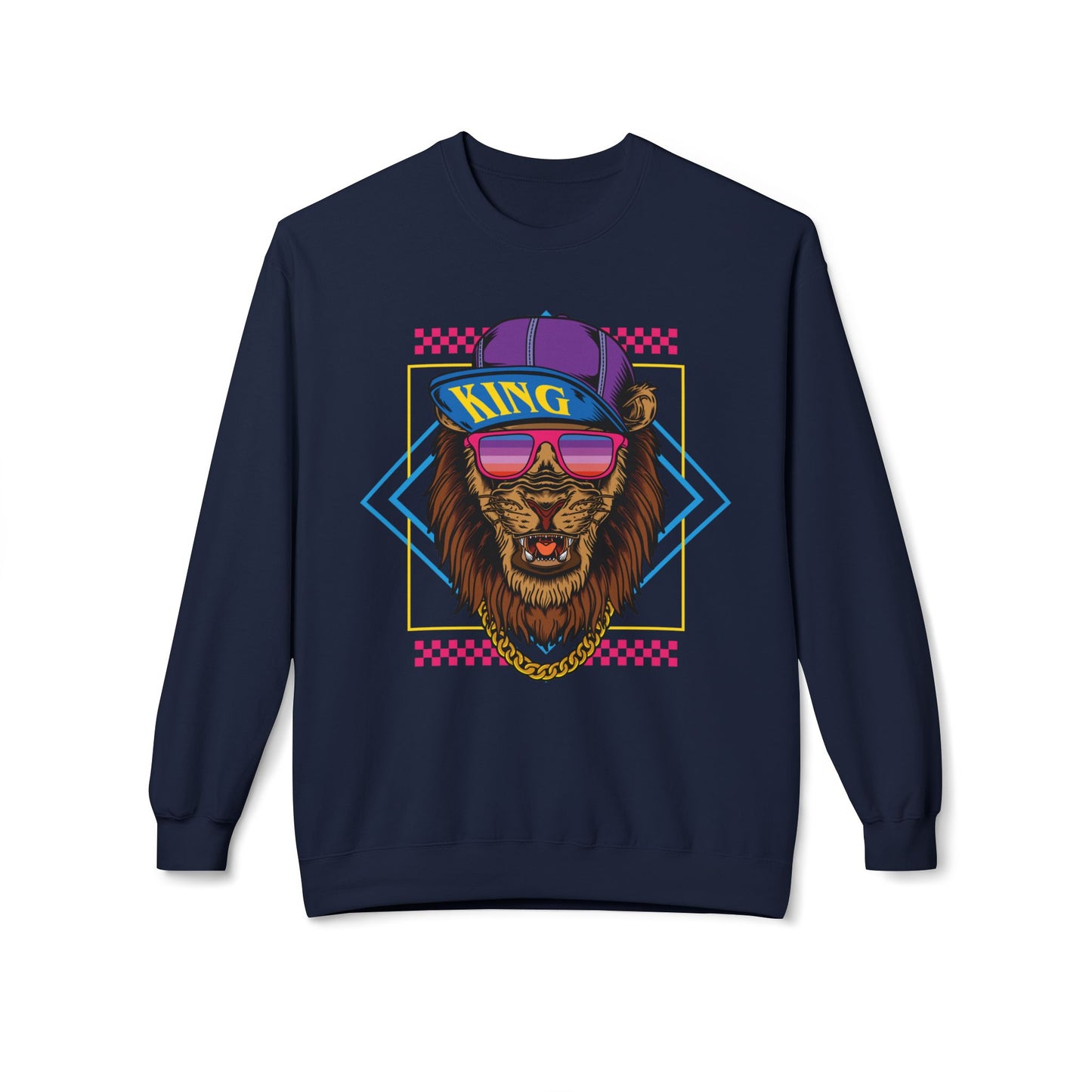 King Lion Graphic Crewneck Sweatshirt, Cozy Streetwear, Unisex Gift, Funny Animal Sweatshirt, Retro Style Apparel, Perfect for Any Occasion Navy