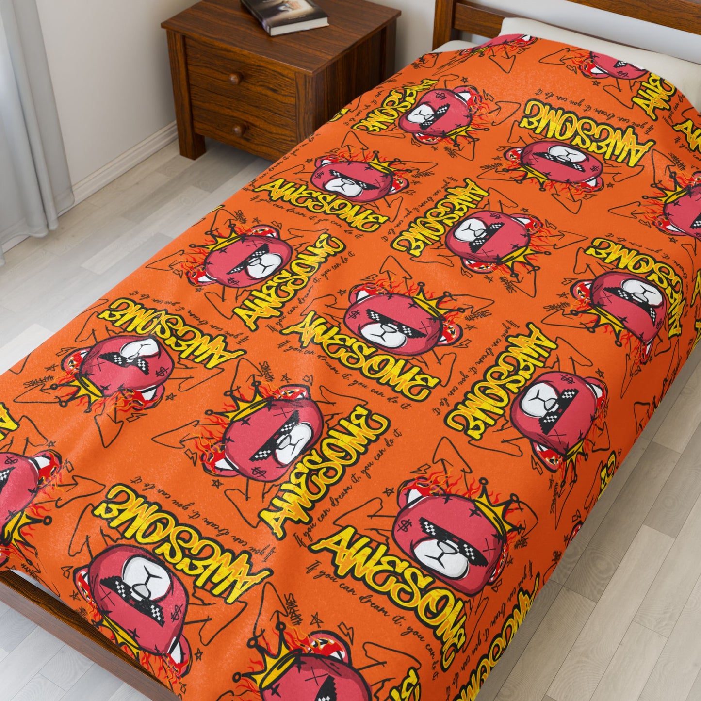 "Awesome" Motivational Graphic Plush Blanket – Soft Velveteen Throw with Flaming Bear – Orange Streetwear Home Decor 60" × 80"