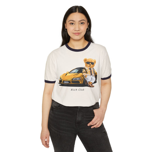 Rich Club Bear Unisex Cotton Ringer T-Shirt, Casual Wear, Streetwear, Gift for Car Lovers, Fun Graphic Tee Natural Midnight Navy