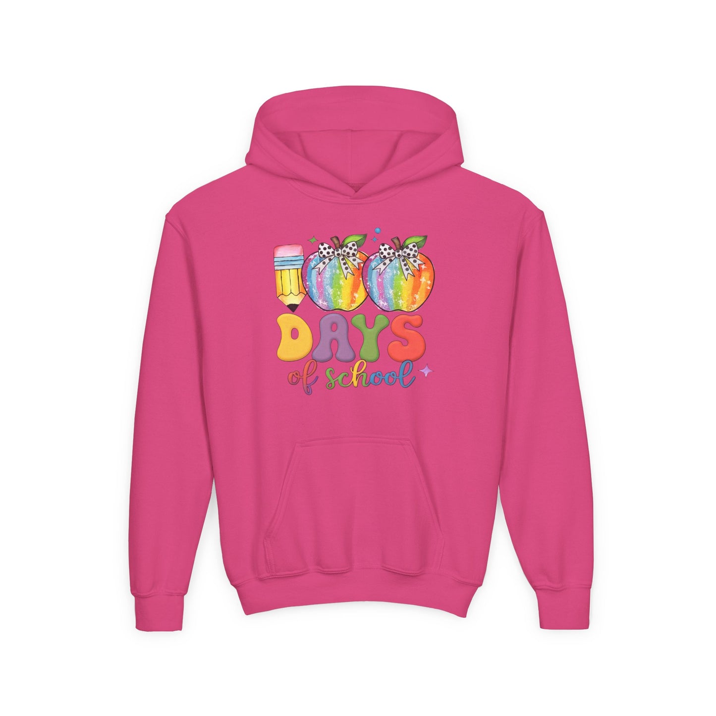 Colorful 100 Days of School Hoodie for Kids, Fun Sweatshirt for Students, Back to School Gift, Rainbow Apple Design, Classroom Heliconia