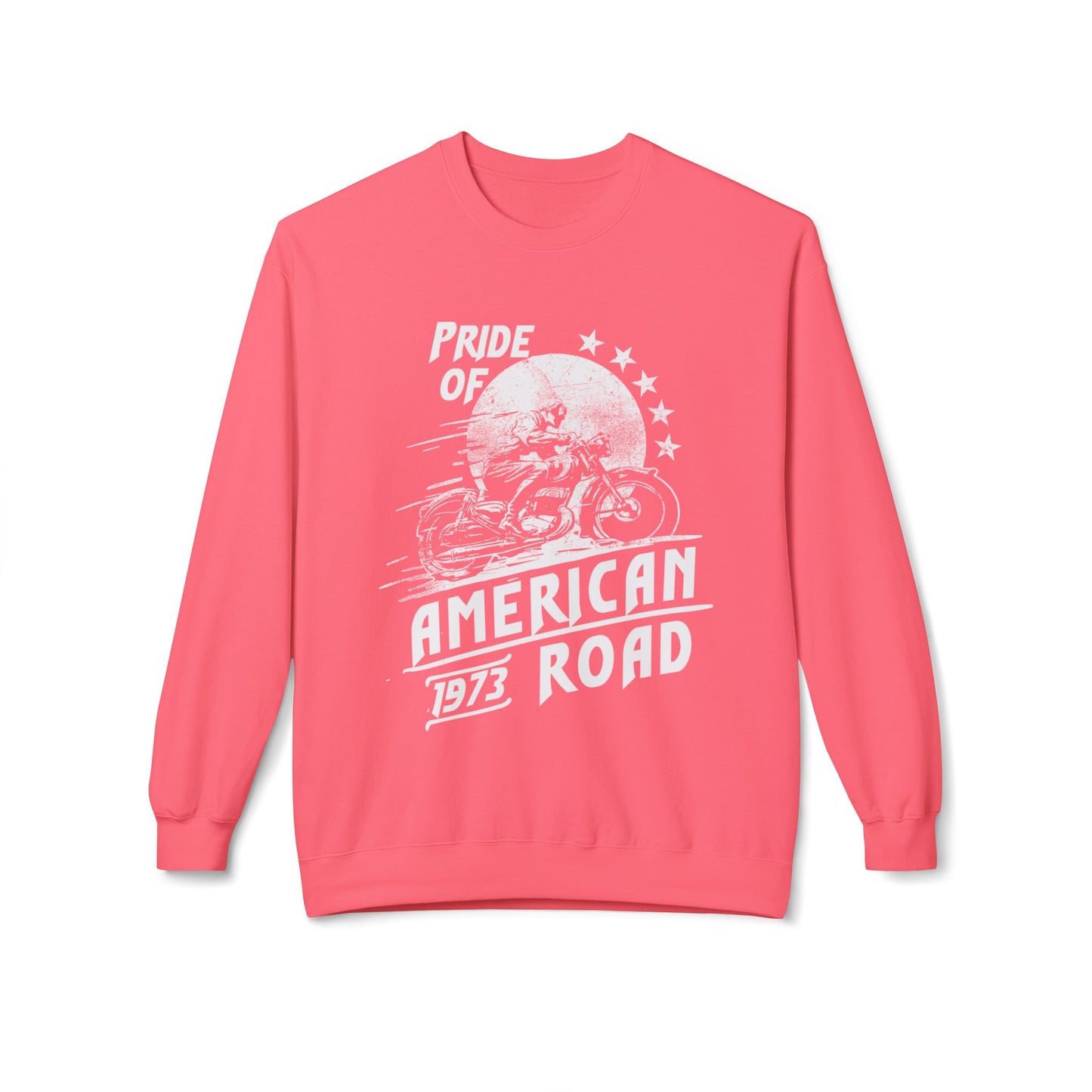 Pride of American Road Crewneck Sweatshirt, Cozy Unisex Fleece Top, Ideal Gift for Bikers, Road Trip Apparel, 1973 Vintage Style Pink Lemonade