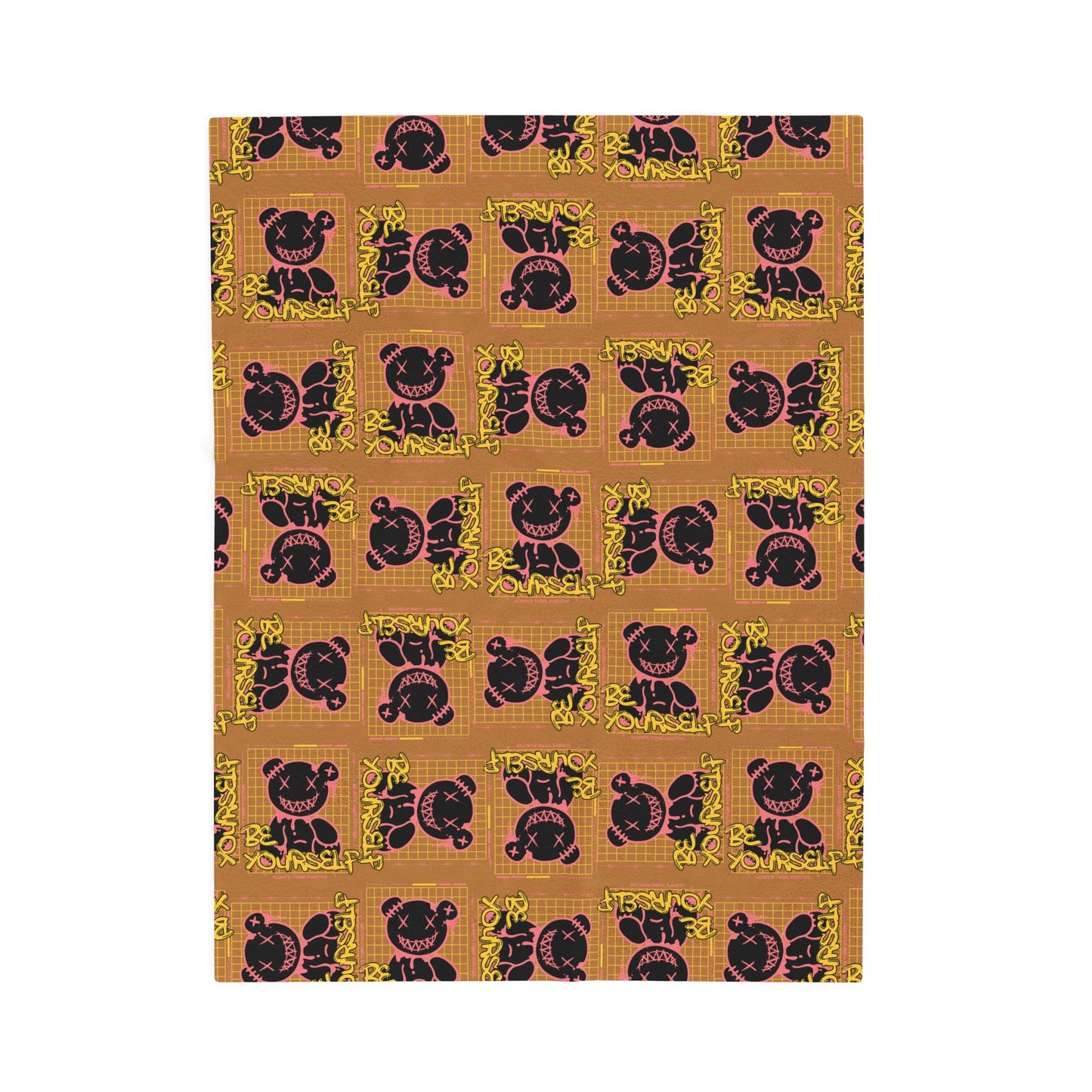 "Be Yourself" Edgy Bear Graphic Velveteen Plush Blanket – Brown Soft Throw for Streetwear Home Decor – Bold Statement