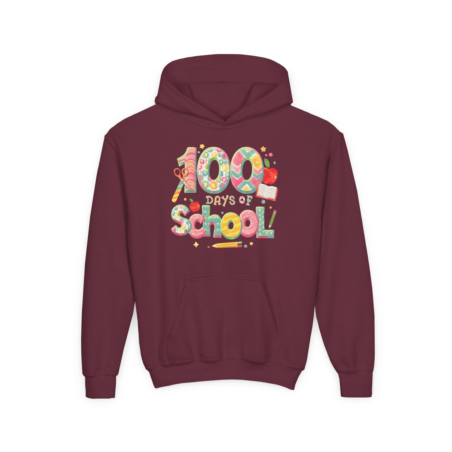 100 Days of School Youth Hoodie, Colorful School Spirit Sweatshirt, Kids Celebration Hoodie, Perfect for School Events, Fun Memory Gear Maroon