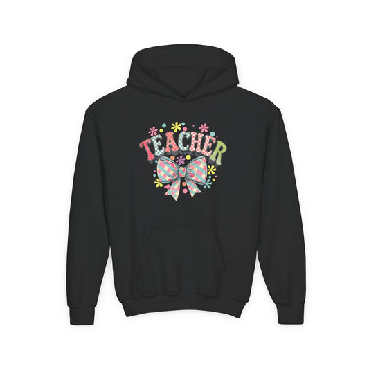 Teacher Hoodie with Colorful Floral Bow Design, Ideal Gift for Educators, School Spirit Wear, Teacher Appreciation, Back to School Black