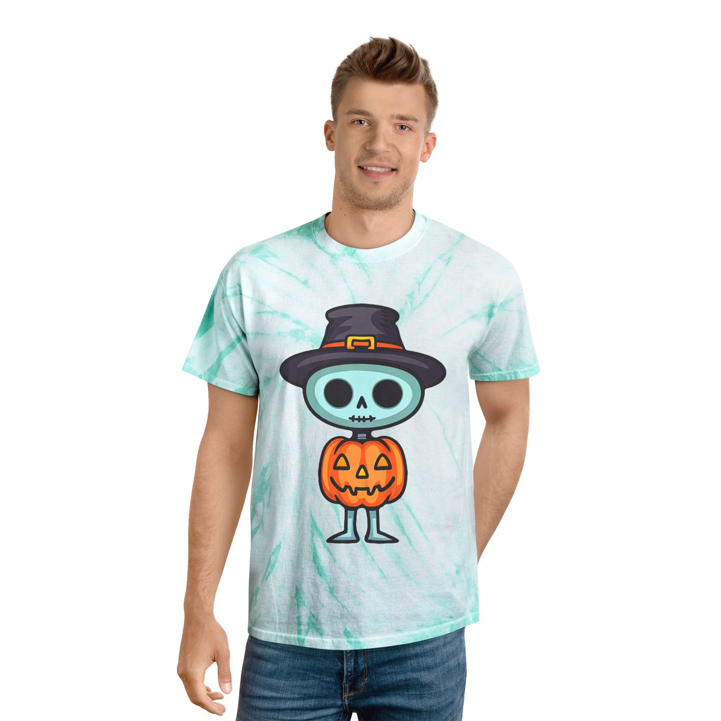 Halloween Tie-Dye Tee with Skeleton Design, Vintage Tie-Dye T-Shirt, Fun Fall Apparel, Spooky Season Outfit, Halloween Party Shirt - Cozy Kawaii LLC