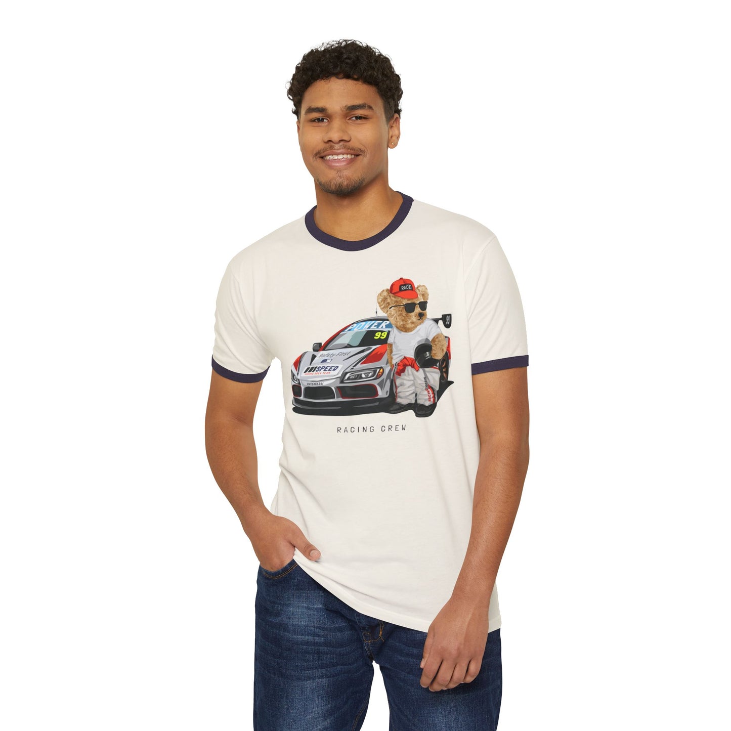 Racing Bear Unisex Cotton Ringer T-Shirt - Funny, Casual Wear, Gift for Car Lovers, Birthday Gift, Motorsport Apparel