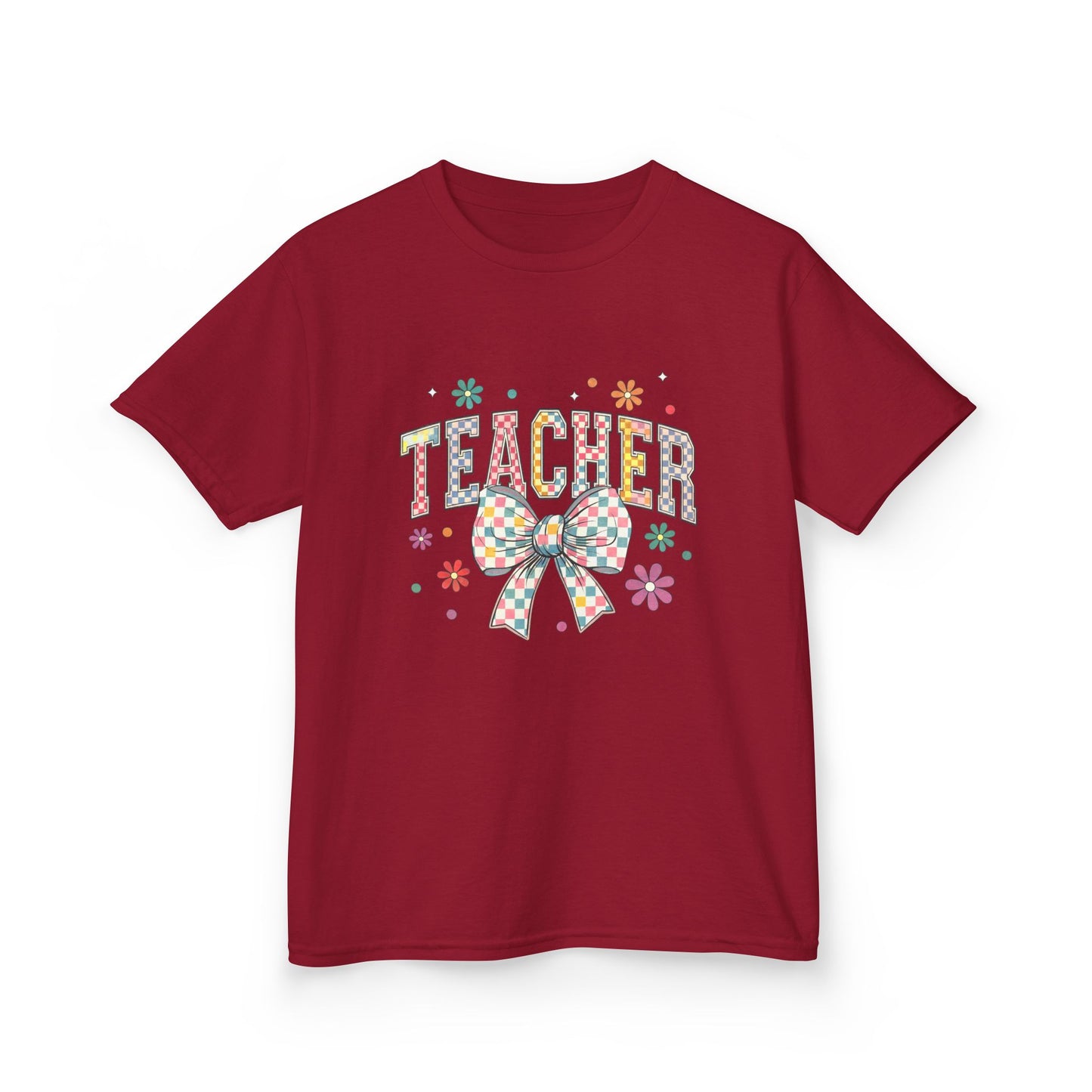 Teacher Kids Tee with Colorful Bow Design, Perfect for Back to School, Teacher Appreciation, Birthday Gift, Fun Classroom Wear Cardinal Red