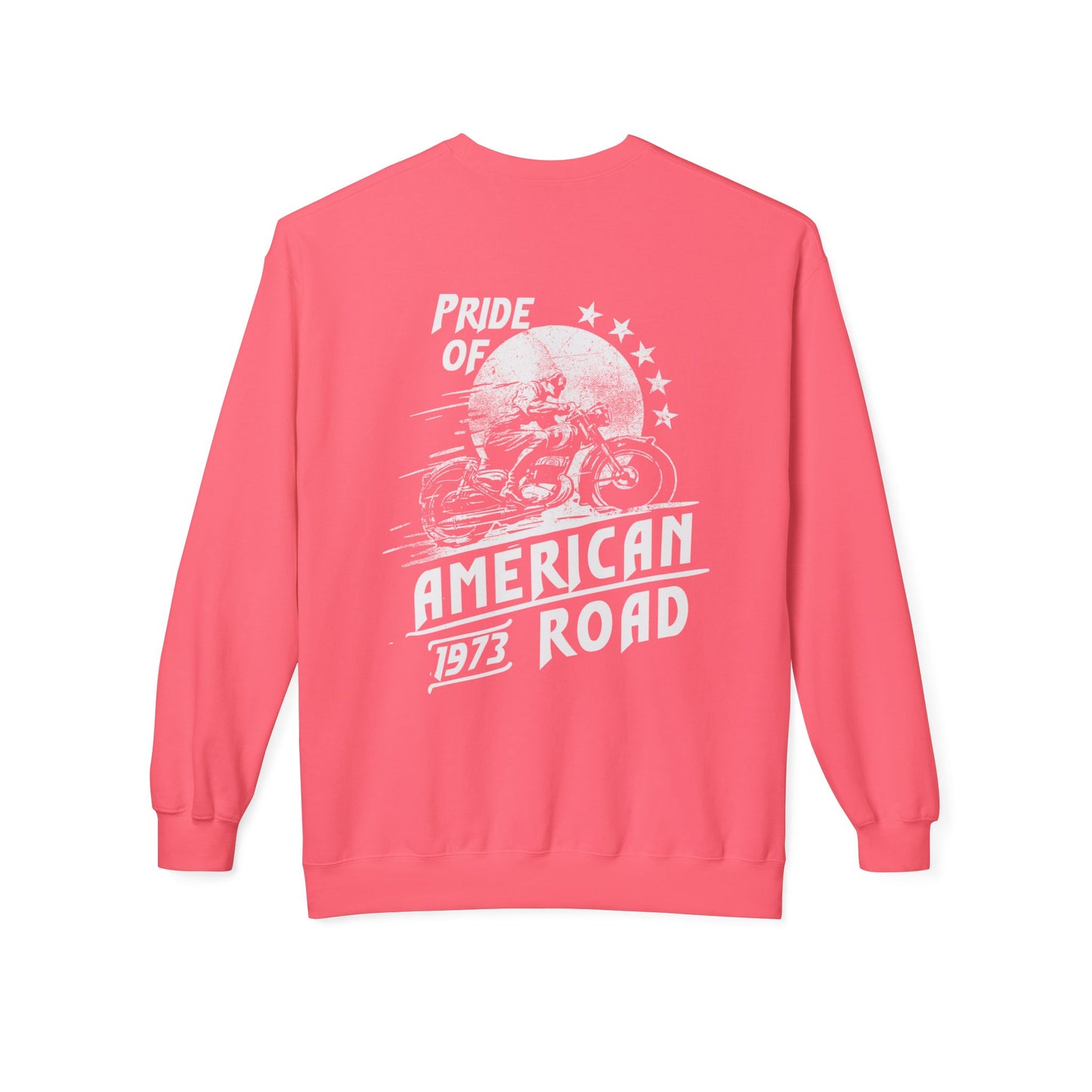 Pride of American Road Crewneck Sweatshirt, Cozy Unisex Fleece Top, Ideal Gift for Bikers, Road Trip Apparel, 1973 Vintage Style