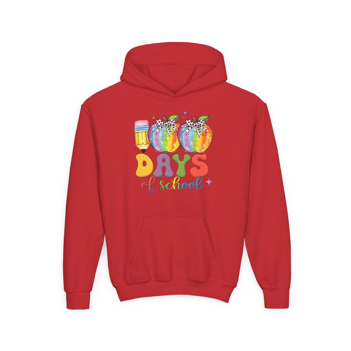 Colorful 100 Days of School Hoodie for Kids, Fun Sweatshirt for Students, Back to School Gift, Rainbow Apple Design, Classroom Red