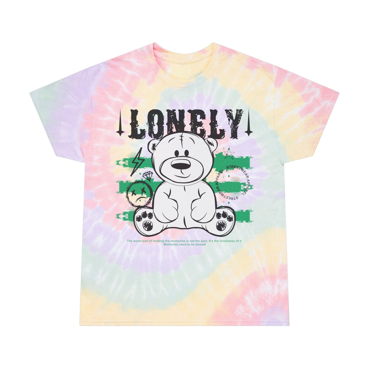 Unisex "Lonely" Tie Dye T-Shirt – Streetwear Graphic Tee with Teddy Bear & Introspective Quote – Soft Cotton Pastel Shirt