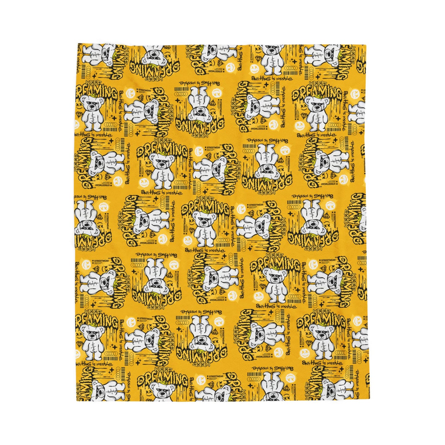 "Keep Dreaming" Inspirational Plush Blanket – Soft Velveteen Throw with Teddy Bear – Yellow Streetwear Home Decor