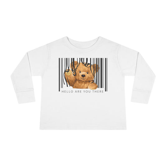 Adorable Toddler Long Sleeve Tee with Barcoded Puppy Design, Cute Kids' Casual Wear, Baby Shower Gift, Birthday Gift, Everyday Use White