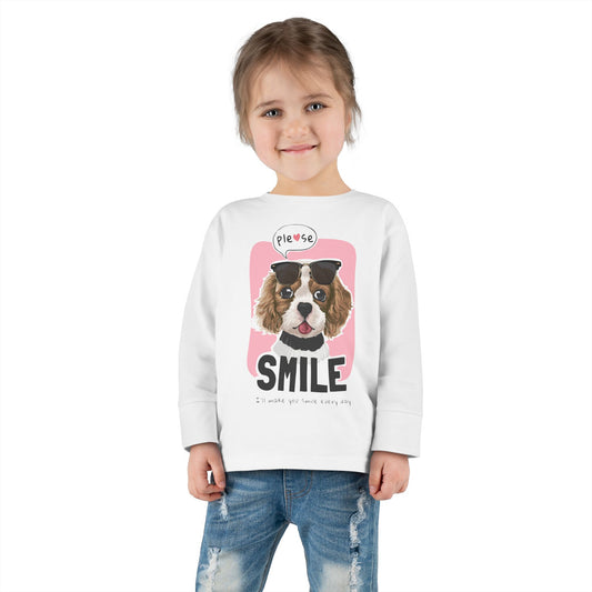 Toddler Long Sleeve Tee with Adorable Dog Design, Cute Kids Shirt, Birthday Gift, Pet Lovers Apparel, Everyday Wear White
