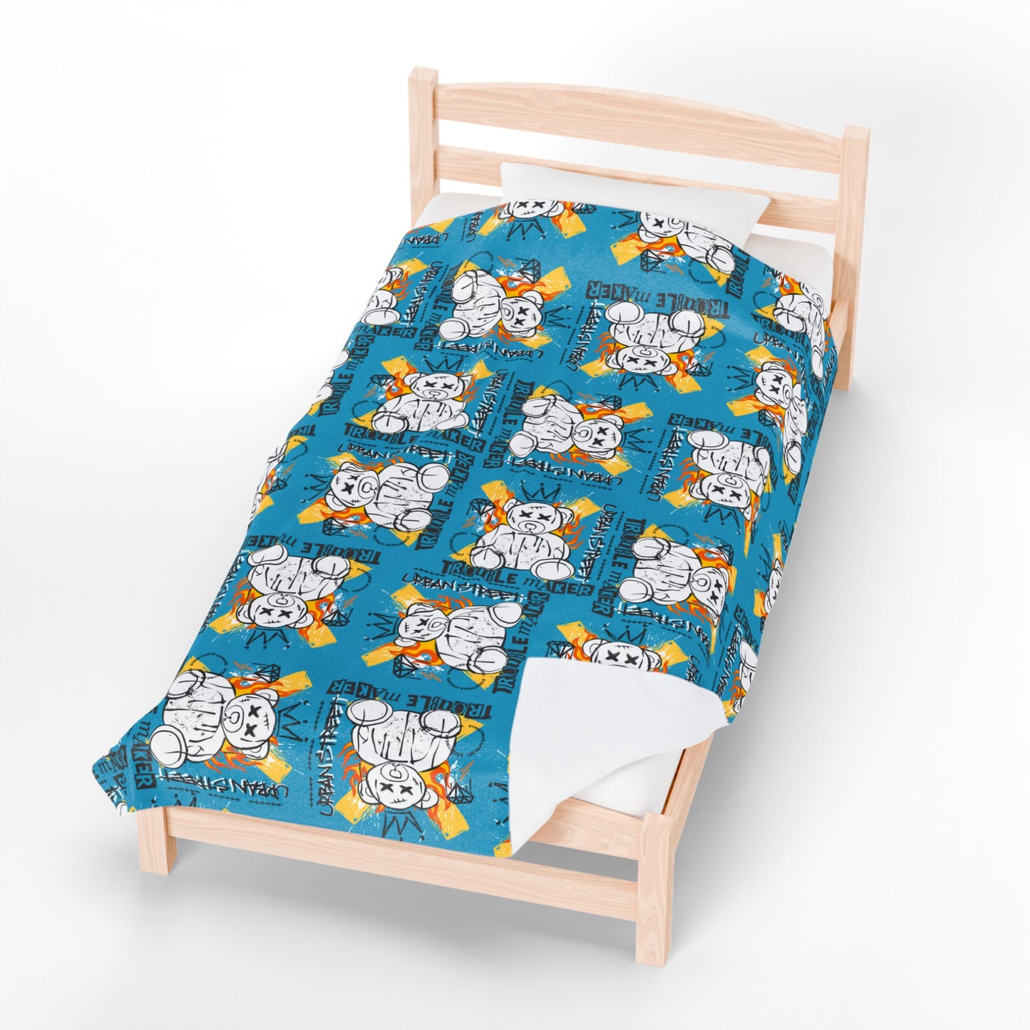 "Trouble Maker" Street Art Velveteen Plush Blanket – Soft Blue Throw with Flaming Bear – Edgy Urban Style Home Decor