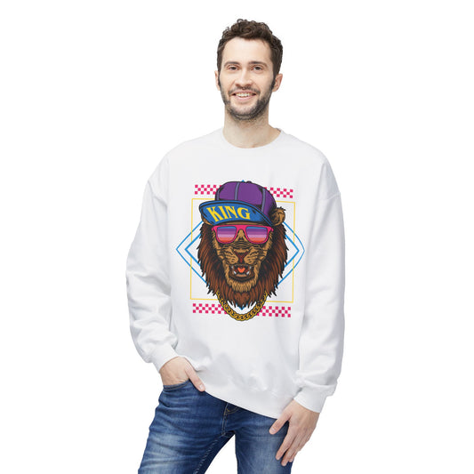 King Lion Graphic Crewneck Sweatshirt, Cozy Streetwear, Unisex Gift, Funny Animal Sweatshirt, Retro Style Apparel, Perfect for Any Occasion White