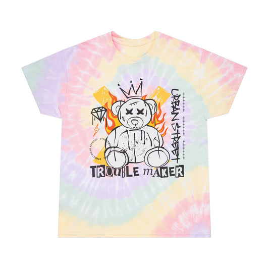 Unisex "Trouble Maker" Tie Dye T-Shirt – Urban Street Art Graphic Tee with Flaming Teddy Bear – Soft Cotton Edgy Style