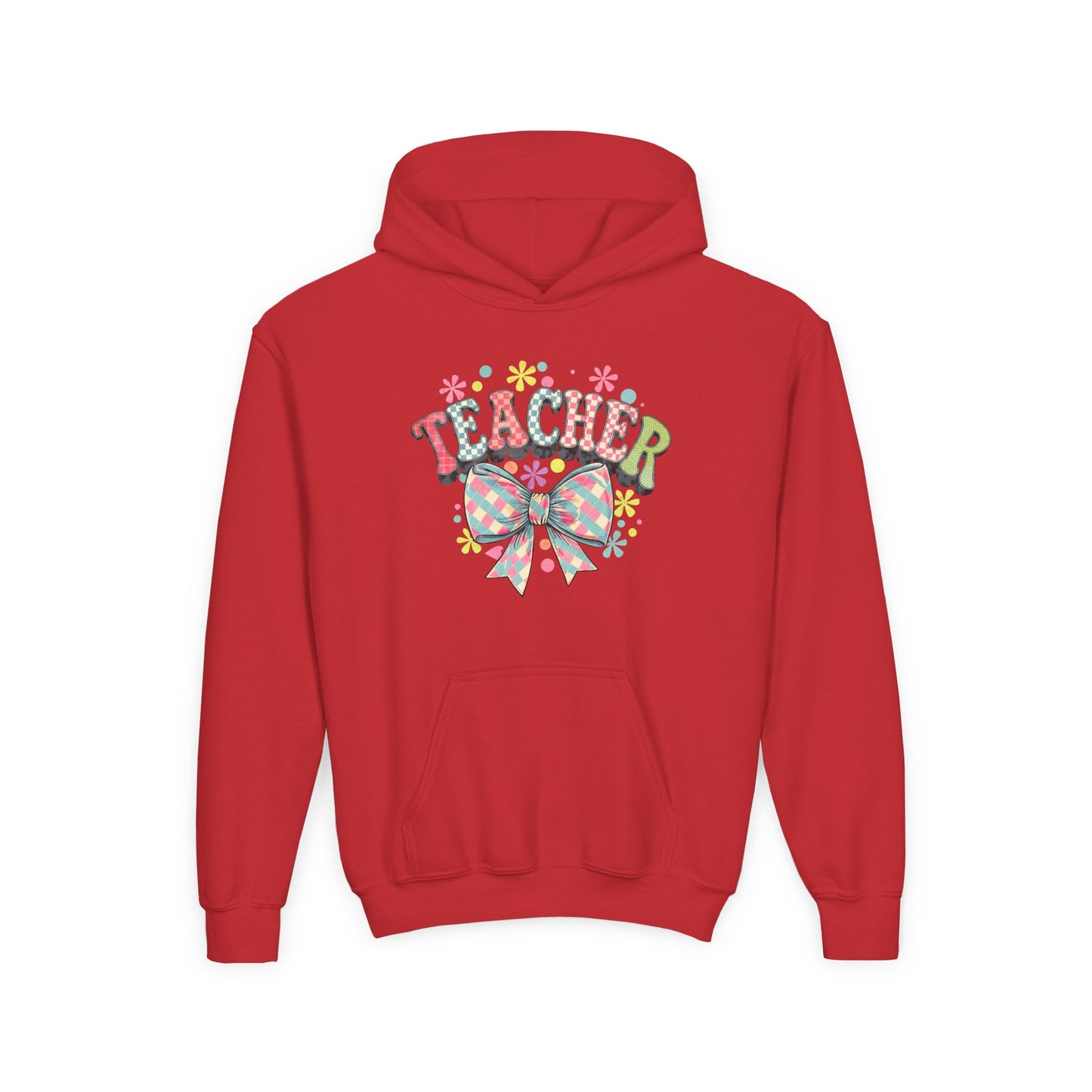 Teacher Hoodie with Colorful Floral Bow Design, Ideal Gift for Educators, School Spirit Wear, Teacher Appreciation, Back to School Red