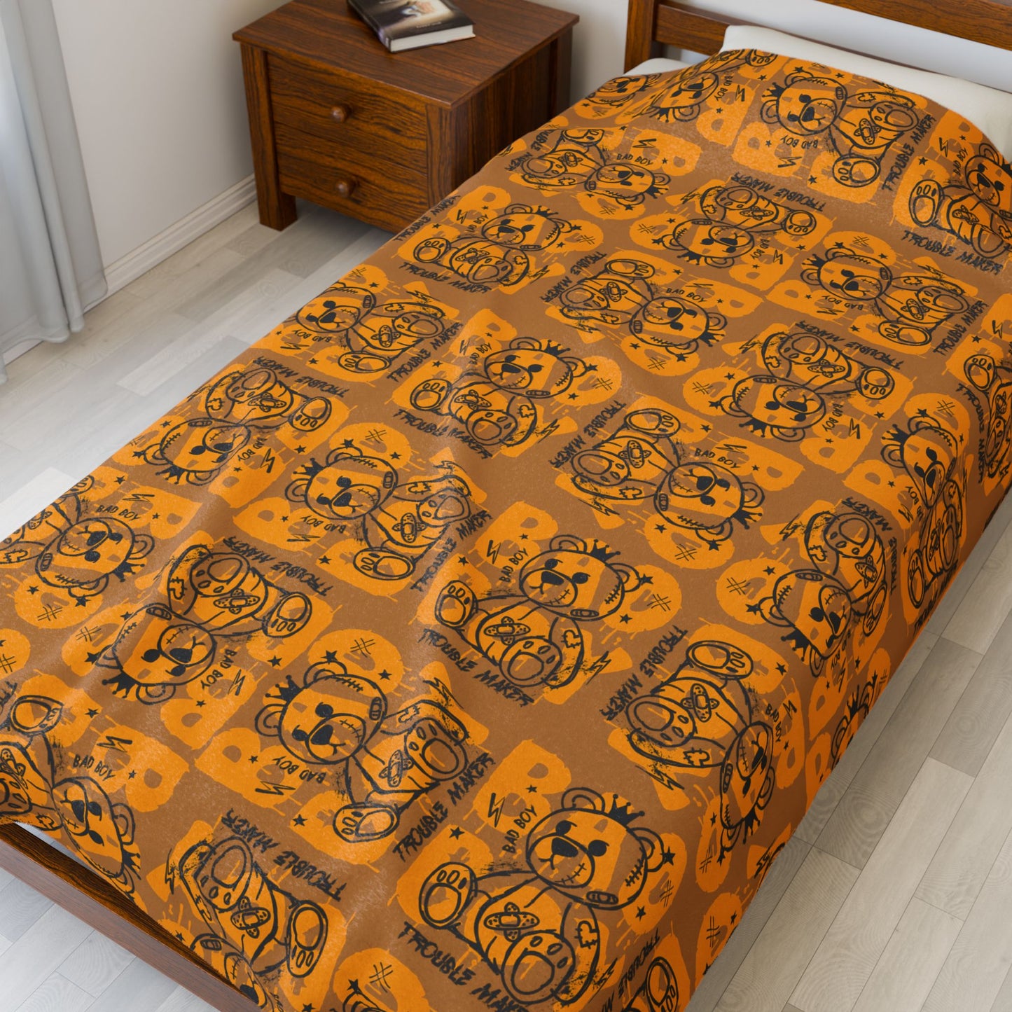 "Bad Boy" Graphic Velveteen Plush Blanket – Soft Orange Throw with Trouble Maker Bear – Rebel Streetwear Home Decor for Fall 60" × 80"