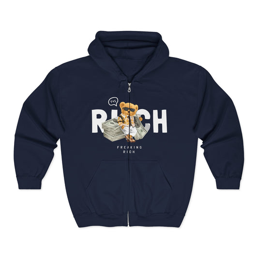 Funny Wealth Hoodie, Comfy Zip Sweatshirt for Cat Lovers, Gift for Pet Owners, Birthday or Holiday Apparel, Unique Animal Sweatshirt Navy