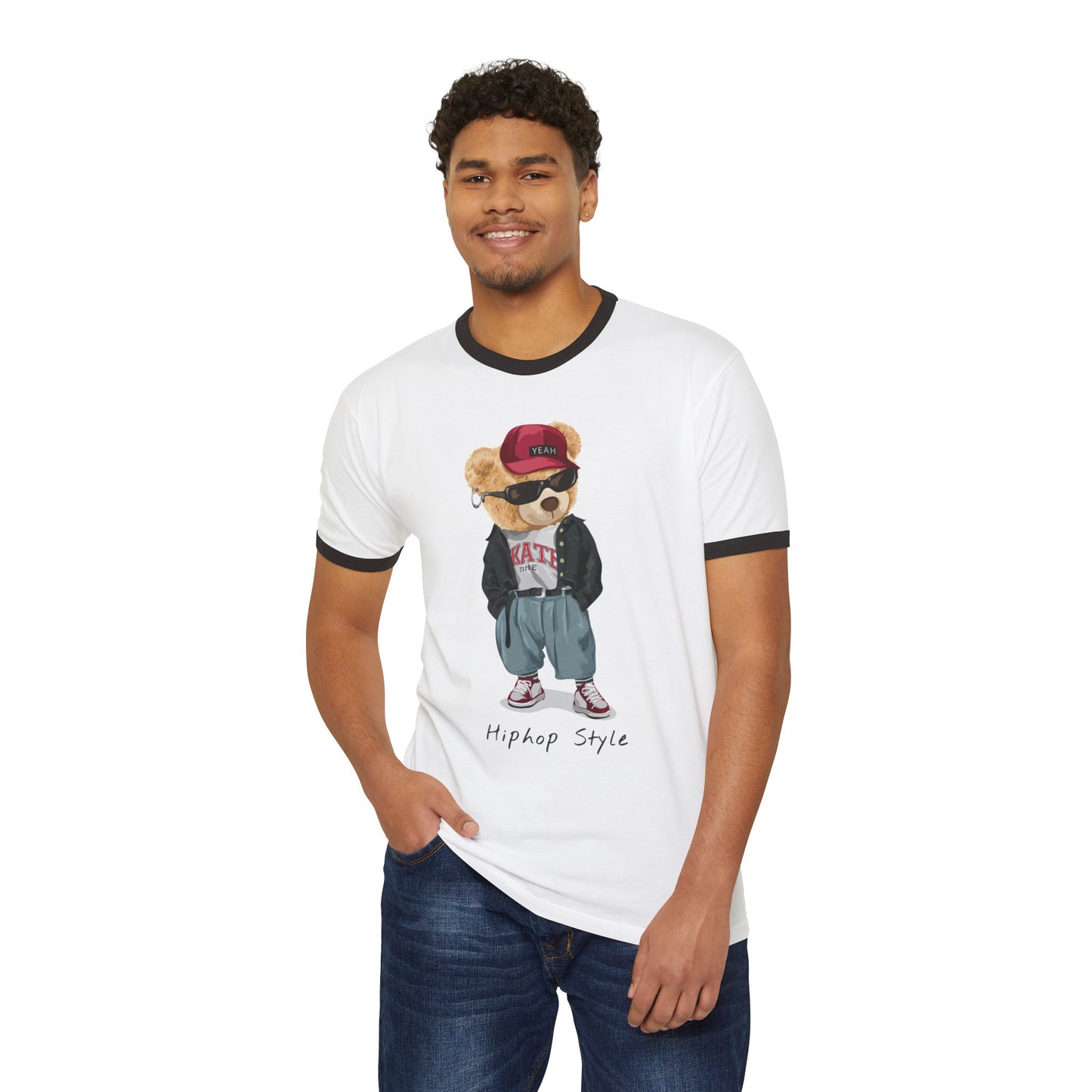 Hip Hop Bear Unisex Cotton Ringer T-Shirt, Cute Graphic Tee, Retro Style T-Shirt, Streetwear Apparel, Gift for Music Lovers