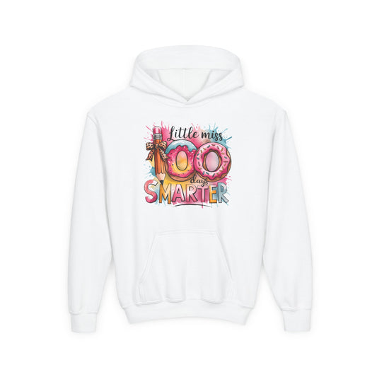 Youth Hooded Sweatshirt - Little Miss 100 Days Smarter Celebration Gift, Kids Birthday, School Milestone, Fun Apparel, Cute Kids Outfit White