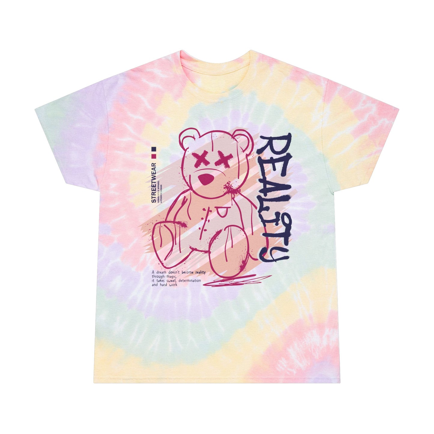 Unisex "Reality" Tie Dye T-Shirt – Streetwear Graphic Tee with Edgy Teddy Bear & Motivational Quote – 100% Cotton Pastel Shirt