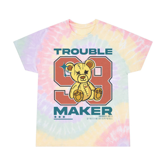 Unisex "Trouble Maker 98" Tie Dye T-Shirt – Y2K Style Streetwear Graphic Tee with Teddy Bear – Soft Cotton Pastel Shirt