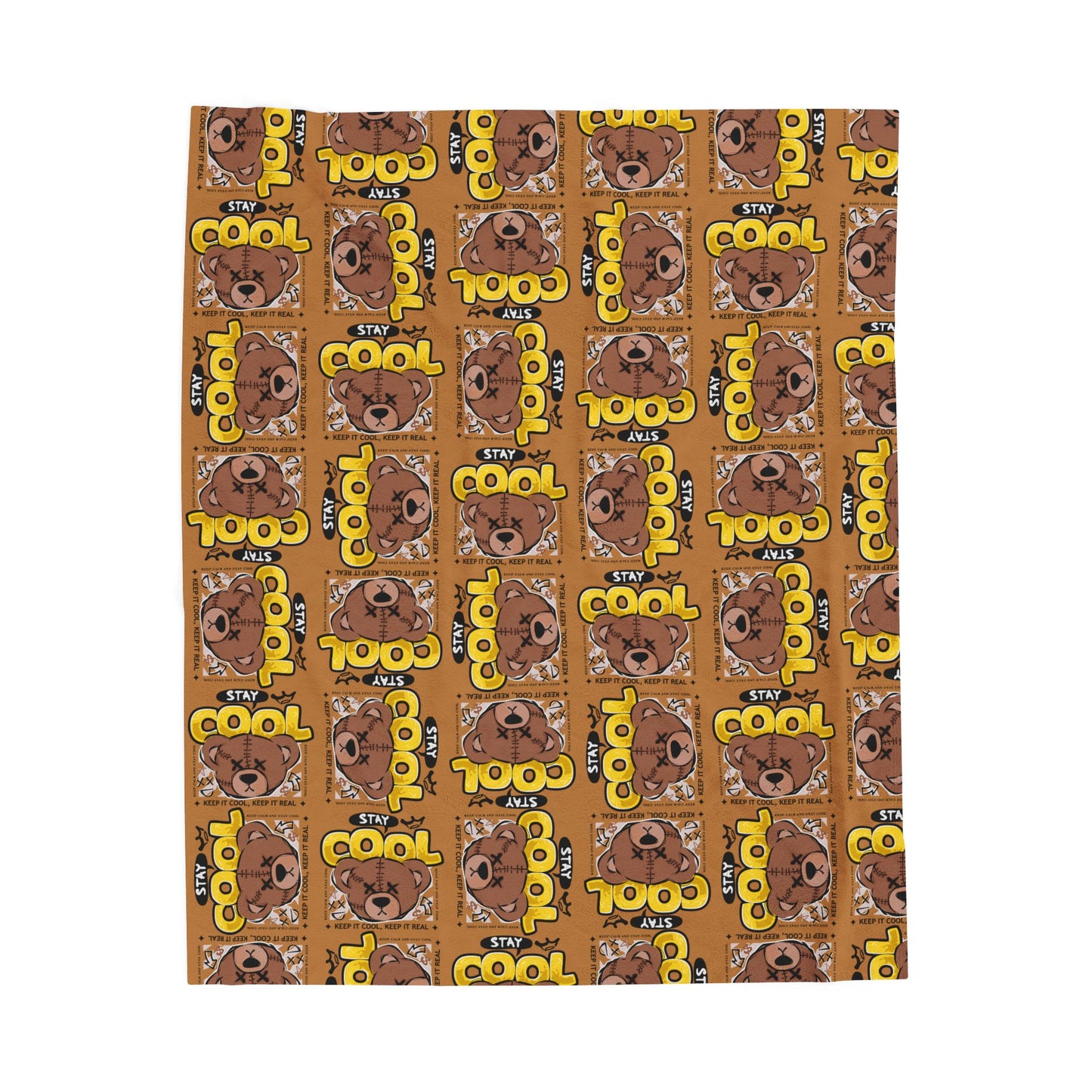 "Stay Cool" Brown Bear Graphic Velveteen Plush Blanket – Soft Throw with "Keep It Real" Quote – Urban Streetwear Home Decor