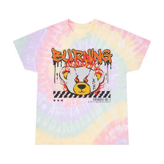 Unisex "Burning" Tie Dye T-Shirt – Streetwear Graphic Tee with Flaming Teddy Bear Head – Soft Cotton Pastel Shirt