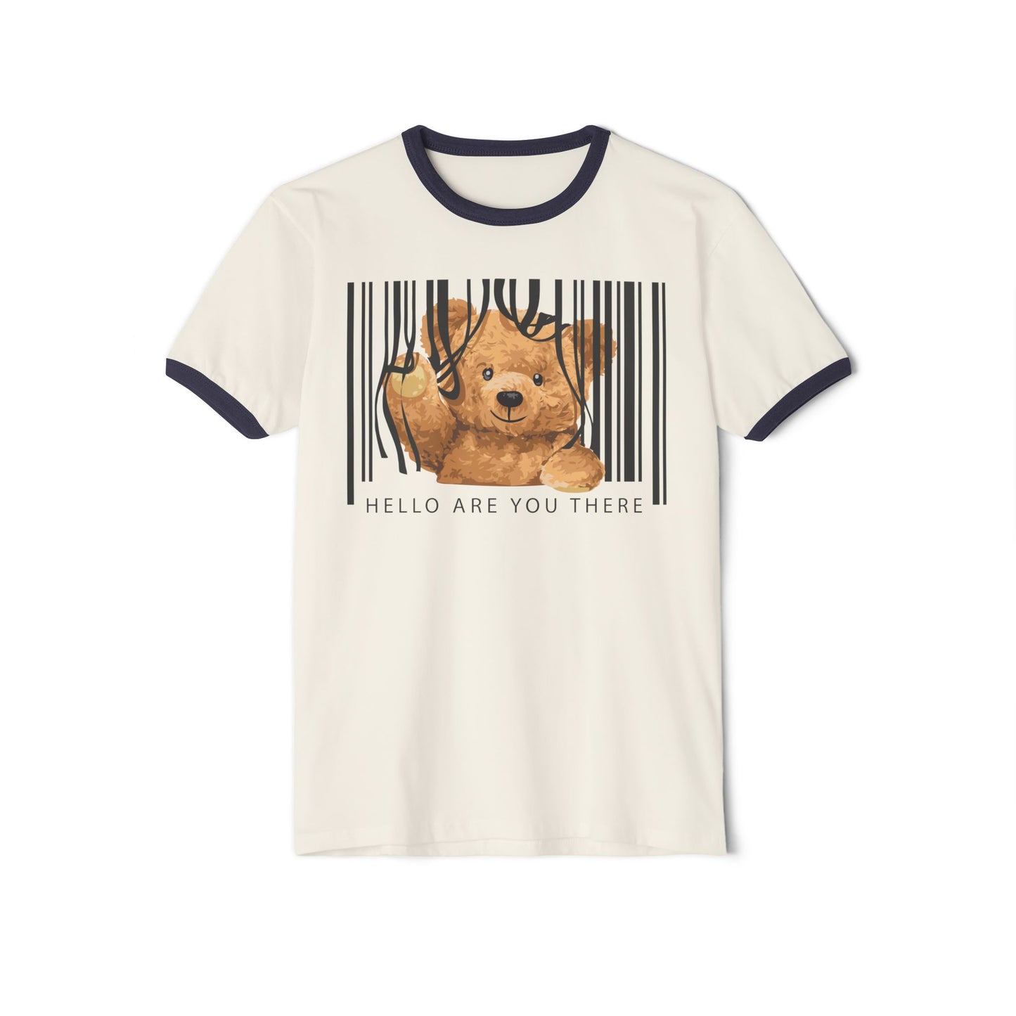 Whimsical Teddy Bear Ringer T-Shirt - Cute Gift for Kids, Funny Tee, Casual Wear, Birthday Present, Humor Apparel Natural Midnight Navy