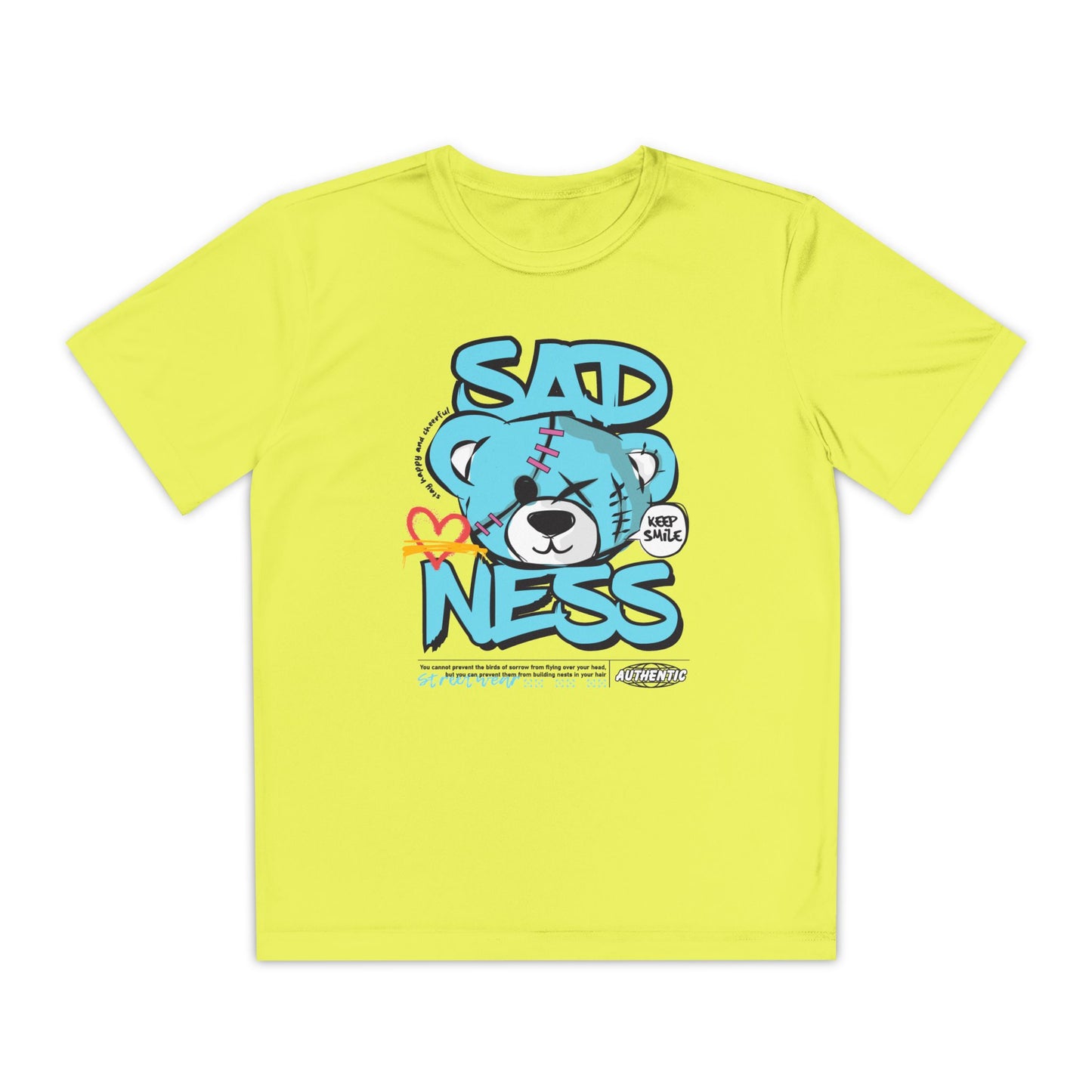 Youth Sadness Bear Tee - Unique Graphic T-Shirt for Kids, Casual Wear, Birthday Gift, Trendy Streetwear, Emotional Support Apparel Neon Yellow