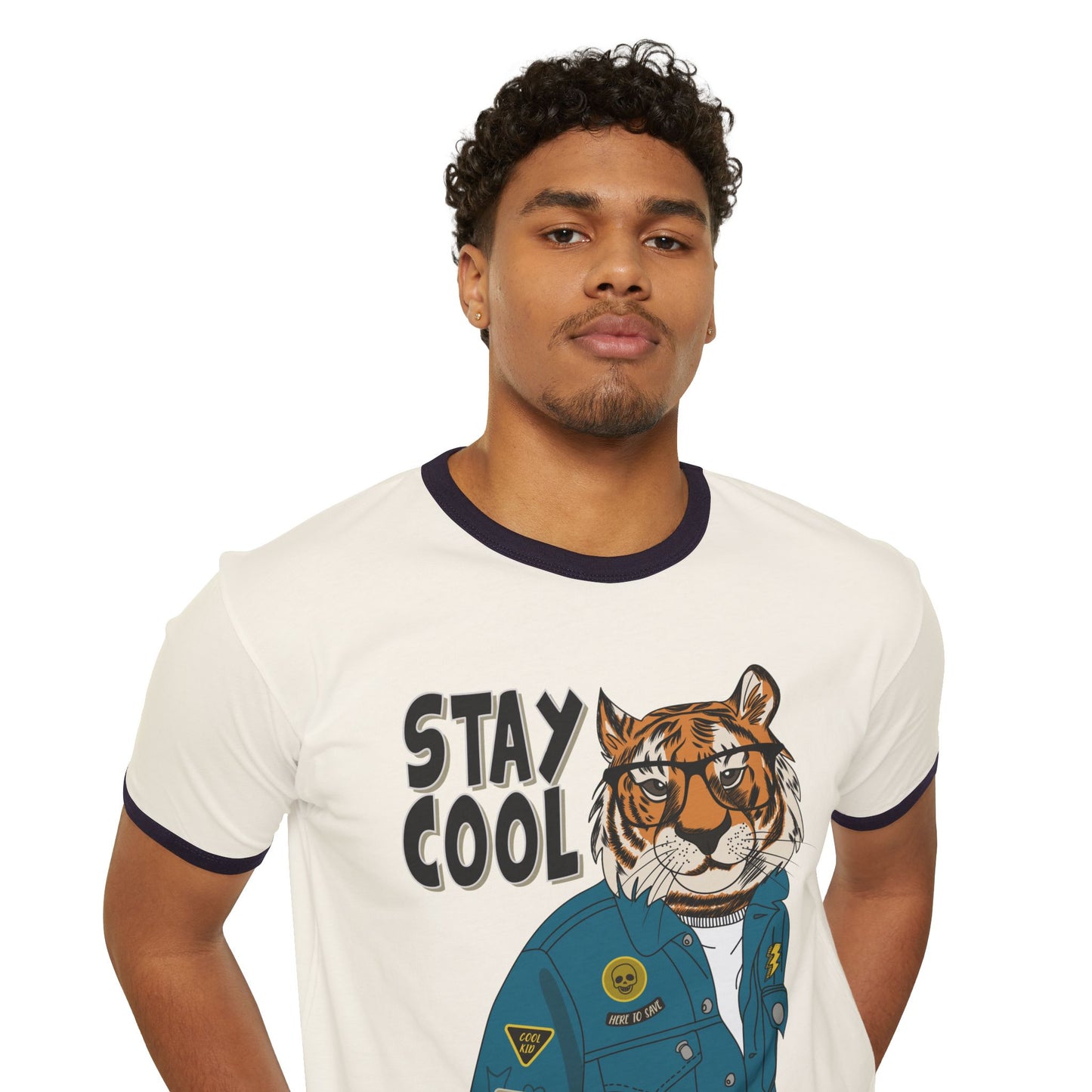 Stay Cool Tiger Ringer T-Shirt, Unisex Vintage Tee, Casual Gift, Animal Lover Apparel, Summer Fashion, Fun Graphic Shirt