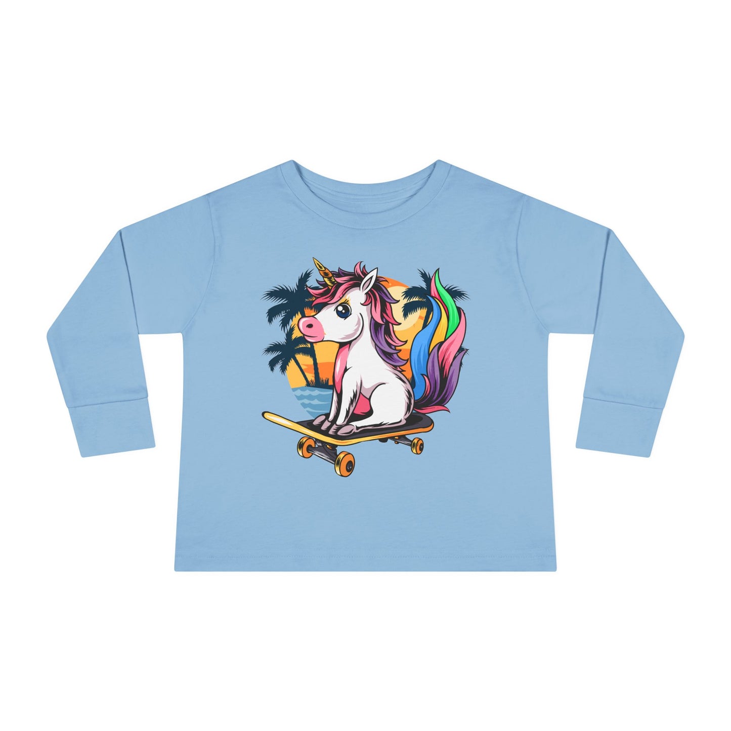 Skateboarding Unicorn Toddler Long Sleeve Tee, Cute Kids Shirt, Unicorn Lover Gift, Playful Toddler Outfit, Birthday Gift Light Blue