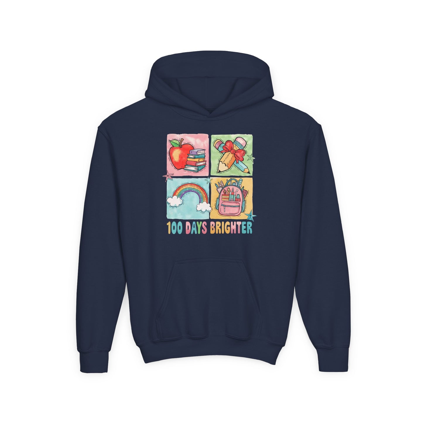 Youth Hoodie with Colorful Design – Perfect for Kids, Back to School, Gifts, Everyday Wear, Fun Celebrations, 100 Days Brighter