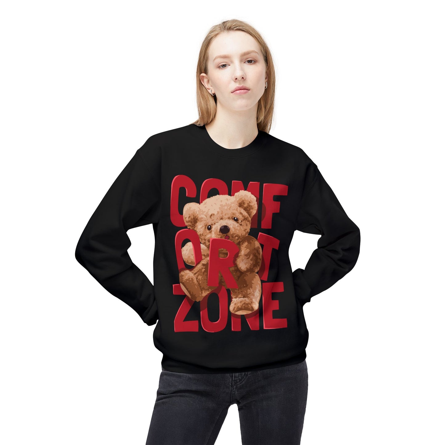 Comfort Zone Teddy Bear Crewneck Sweatshirt, Cozy Black Sweatshirt, Unisex Gift, Cute Sweatshirt for Winter, Relaxation Apparel
