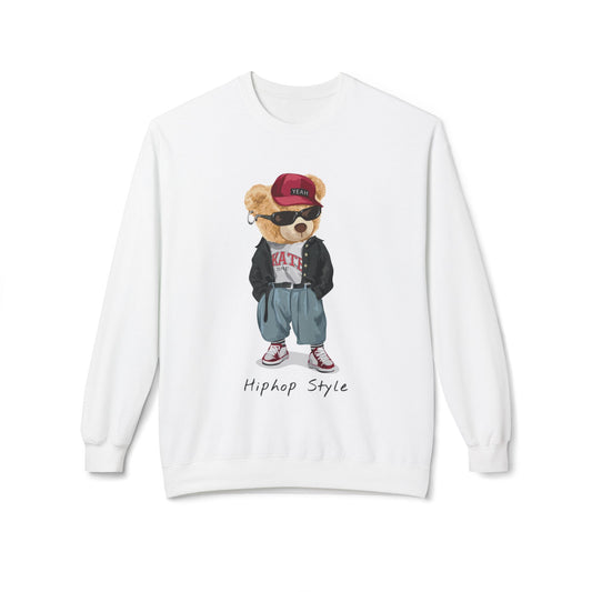Hip Hop Bear Sweatshirt, Streetwear Crewneck, Unisex Fleece Top, Trendy Gift, Casual Style, Fashionable Layering Piece White