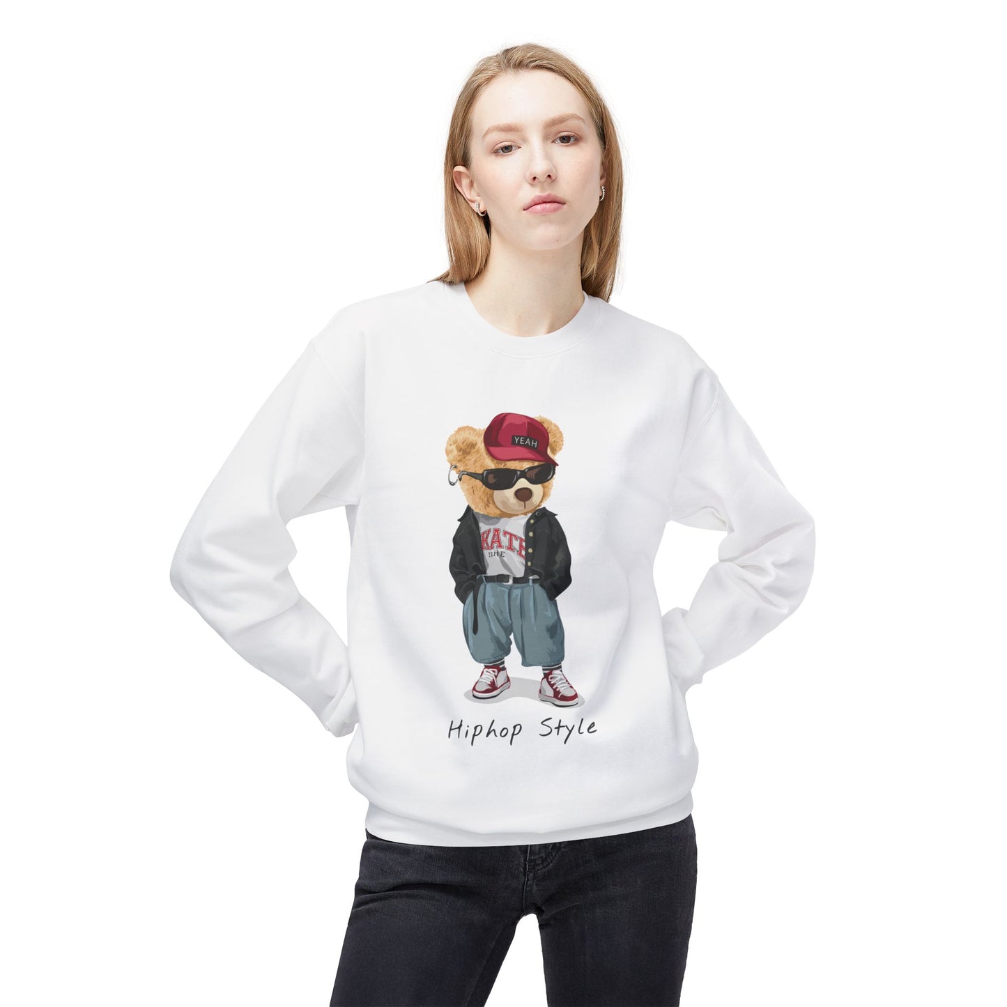 Hip Hop Bear Sweatshirt, Streetwear Crewneck, Unisex Fleece Top, Trendy Gift, Casual Style, Fashionable Layering Piece