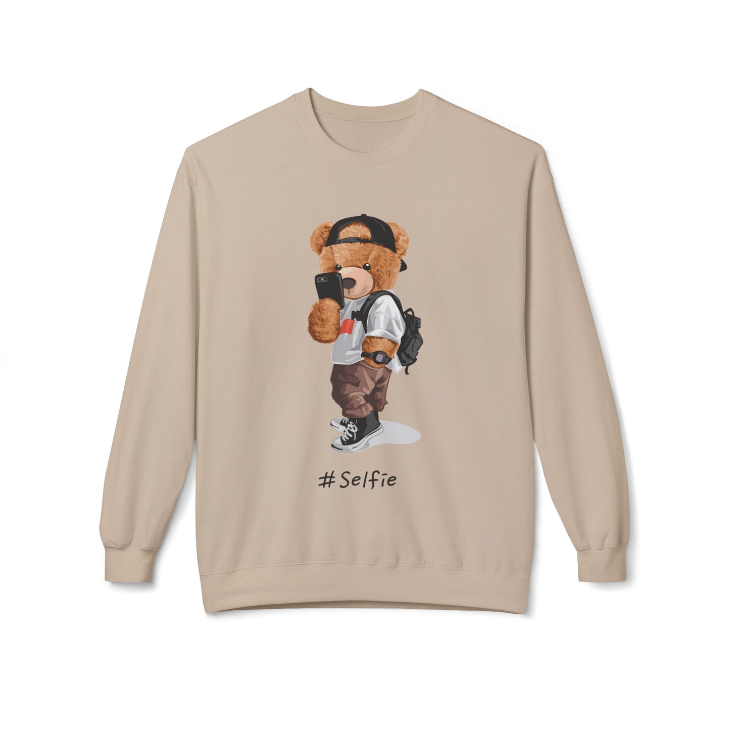 Cute Bear Selfie Sweatshirt, Trendy Gift for Teens, Cozy Fleece Crew, Fashionable Streetwear, Perfect for Casual Days, Instagram Vibes Sand
