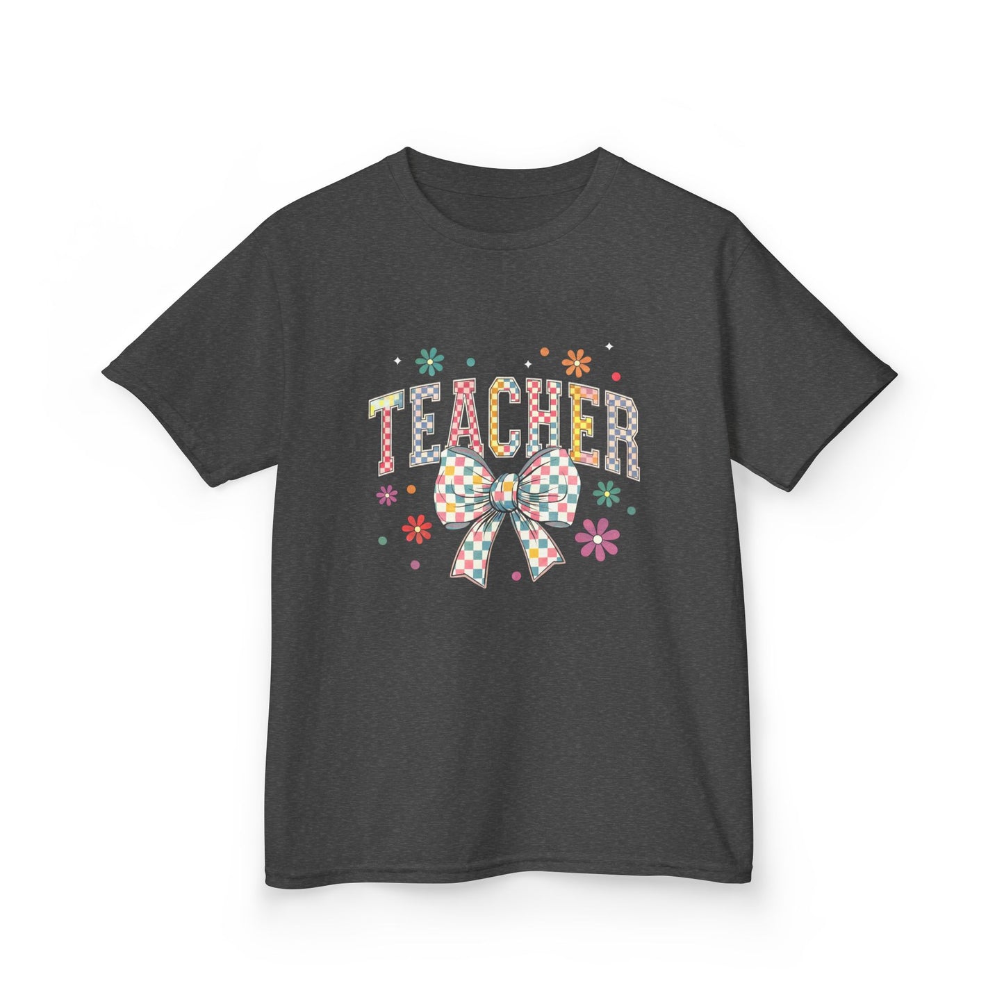 Teacher Kids Tee with Colorful Bow Design, Perfect for Back to School, Teacher Appreciation, Birthday Gift, Fun Classroom Wear Dark Heather